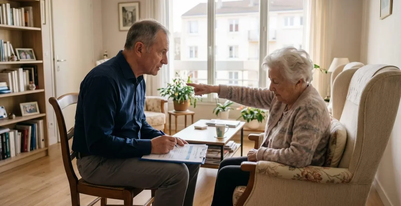 Professionnel de santé réalisant une évaluation d'autonomie auprès d'une personne âgée à domicile, avec dossier d'évaluation, dans un salon lumineux
