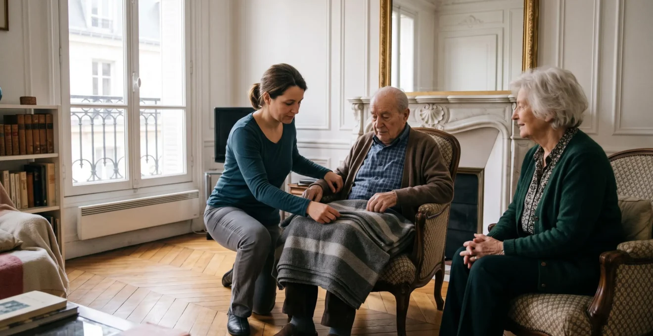 Une aide à domicile aide un senior atteint d'Alzheimer à s'installer dans un fauteuil pendant que son épouse se repose.