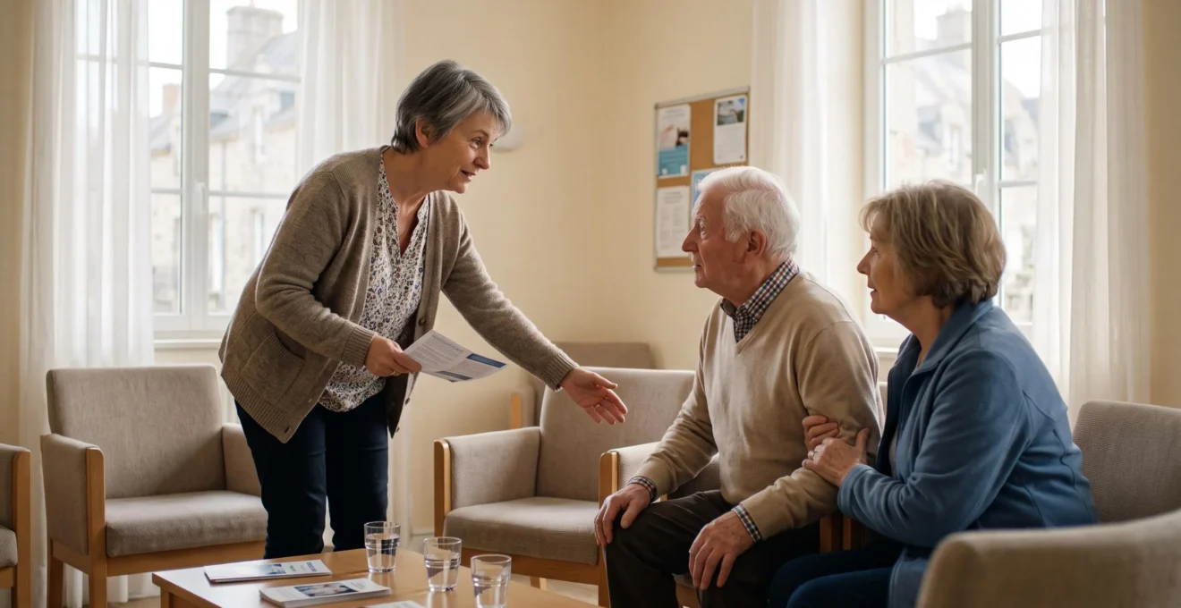 Une bénévole d'une association accueille un couple de seniors dans un local d'accueil pour les malades Alzheimer et leurs aidants.