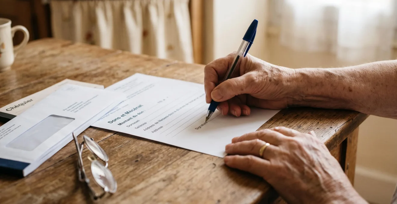 Les mains d'une femme âgée remplissent un formulaire de don avec un stylo sur une table en bois, un chéquier à côté.